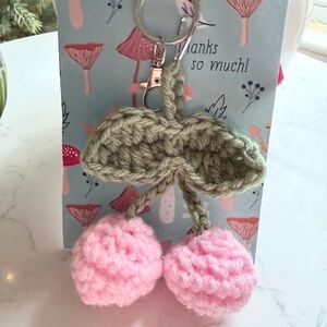 Handmade Crochet Cherry Keychain Pink Green Fruit Bag Charm Accessory